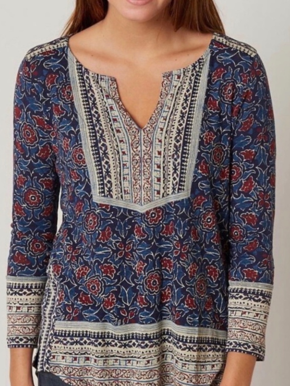 Lucky Brand Boho Floral Split Neck Blouse